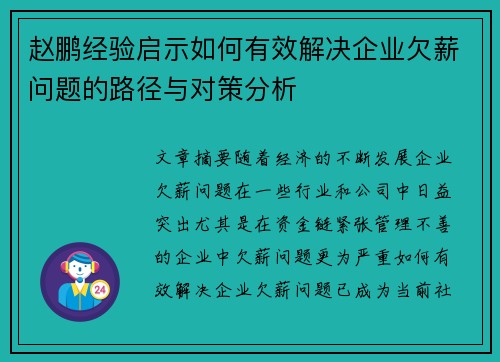 赵鹏经验启示如何有效解决企业欠薪问题的路径与对策分析