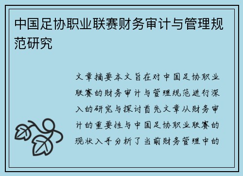中国足协职业联赛财务审计与管理规范研究