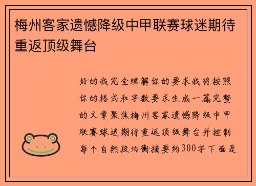 梅州客家遗憾降级中甲联赛球迷期待重返顶级舞台
