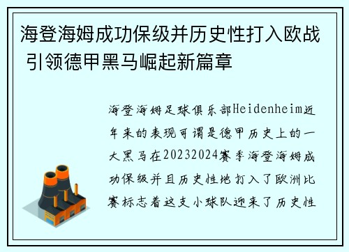 海登海姆成功保级并历史性打入欧战 引领德甲黑马崛起新篇章 海登海姆成功保级并历史性打入欧战 引领德甲黑马崛起新篇章