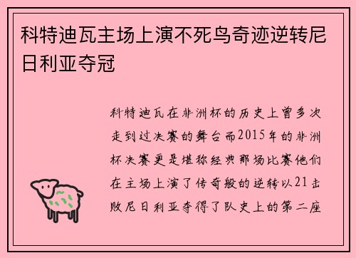 科特迪瓦主场上演不死鸟奇迹逆转尼日利亚夺冠